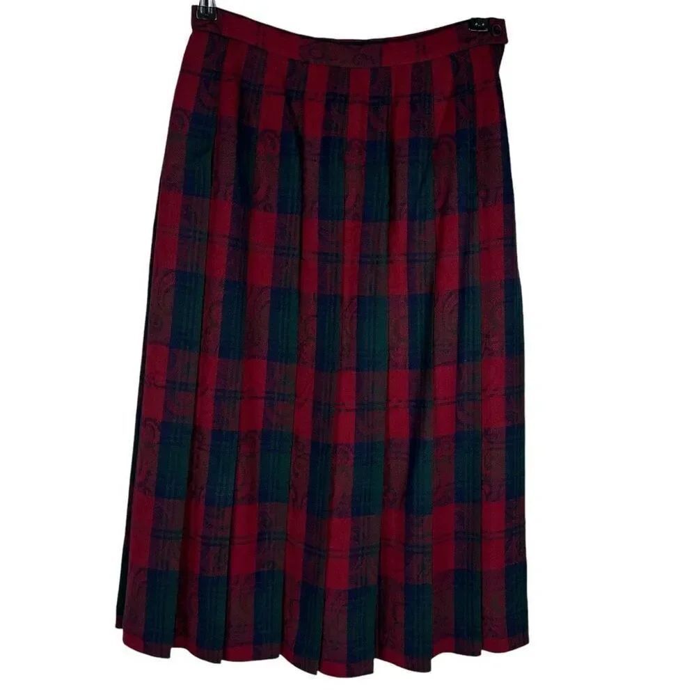 Vintage 90s Pendleton Pleated Plaid Wool Midi Skirt Red Green Navy Size 8 Petite